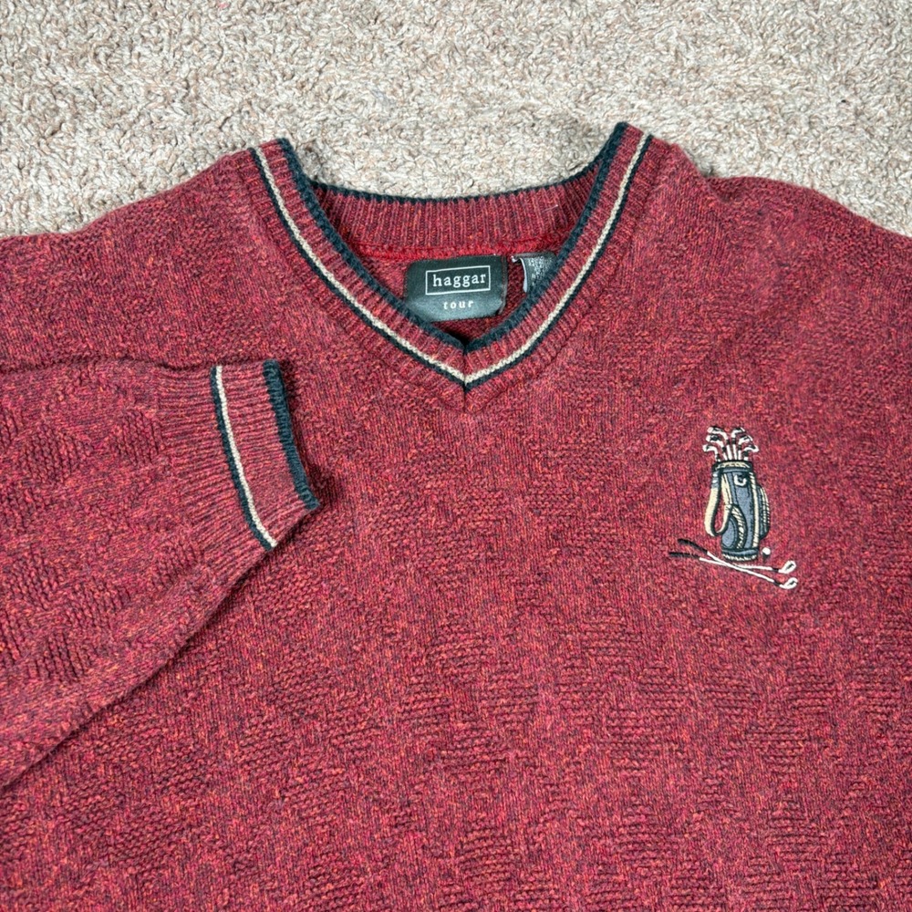 Haggar Tour Mens XL V-Neck Golf Sweater Burgundy Textured Knit Embroidered Bag